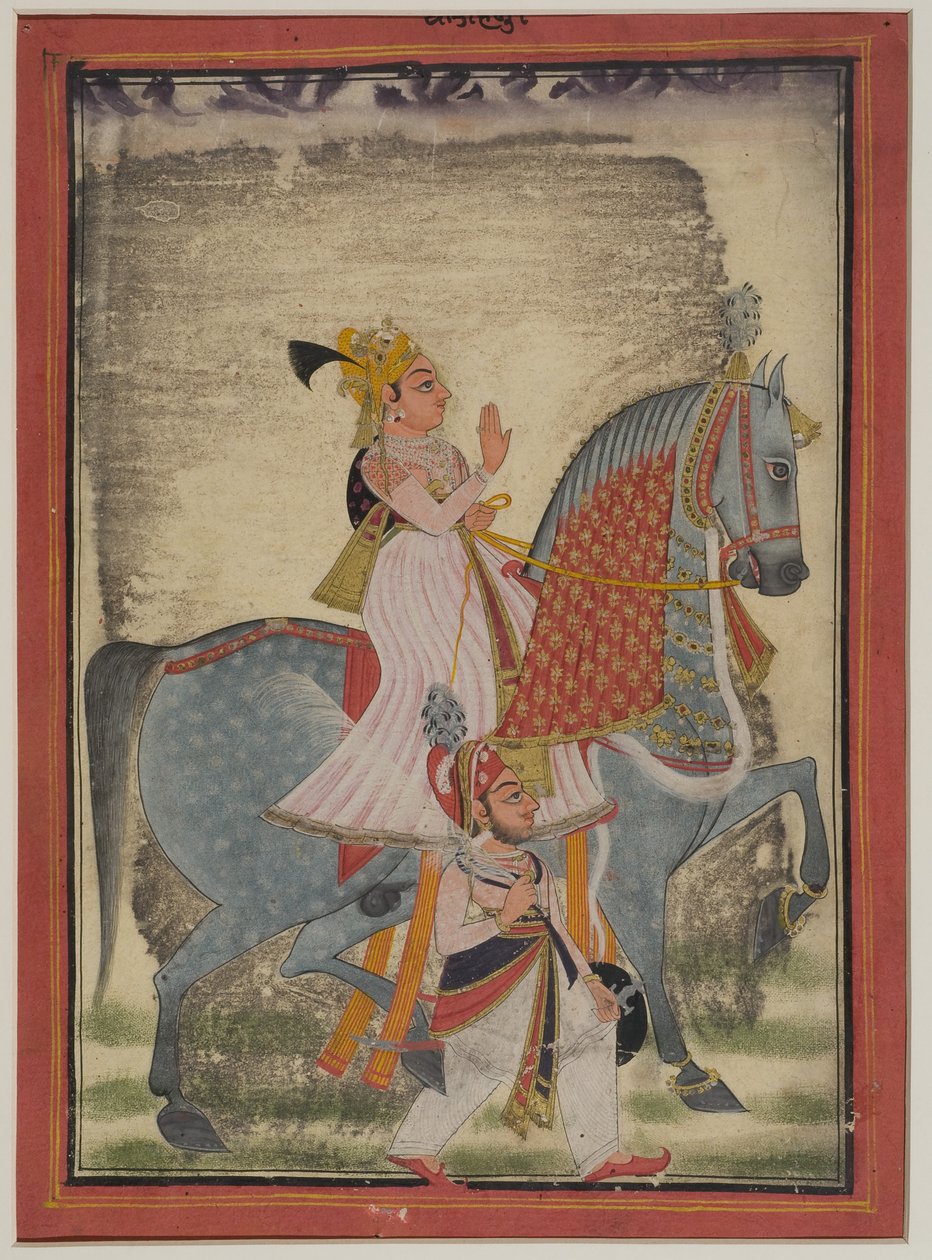 Adliger von Mewar reitet auf Nur, begleitet von einem Sais zu Fuß, 1820 von Indian School