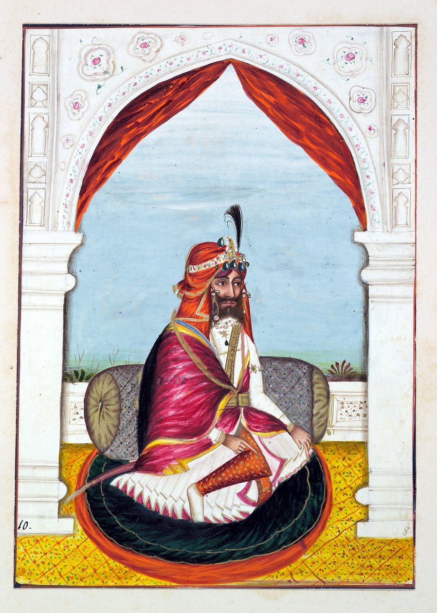 Rajah Suchet Singh, aus Das Königreich Punjab, seine Herrscher und Häuptlinge, Band I, ein Band mit 27 Aquarellstudien eines unbekannten indischen Künstlers, ca. 1840 von Indian School
