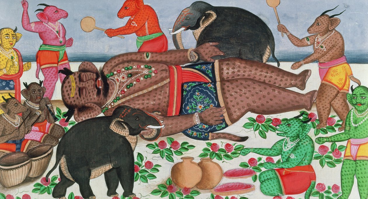 Ramayana-Szene: Eine Gruppe von Dämonen weckt ihren Prinzen aus dem Winterschlaf von Indian School