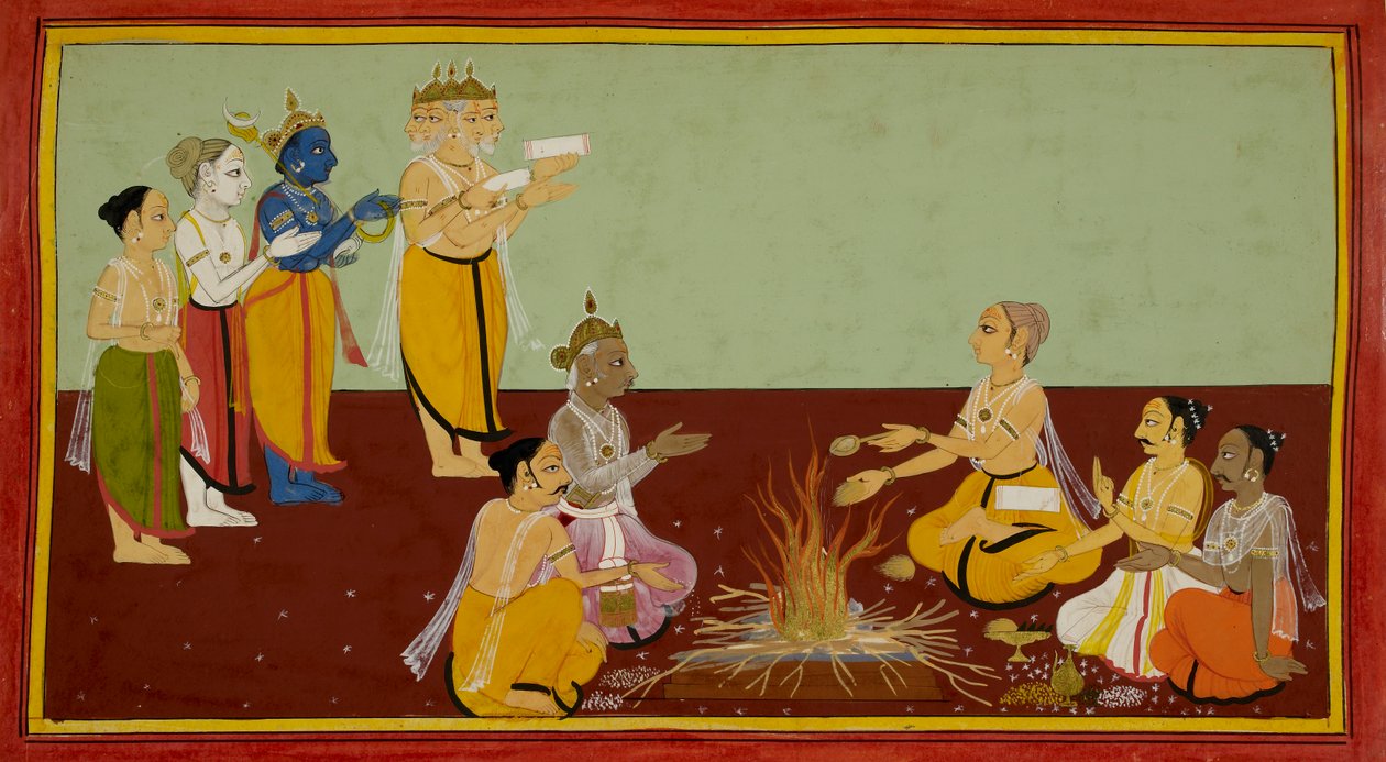 Rishyasringa führt eine Zeremonie zur Erlangung eines Sohnes durch, singt Mantras und bringt Opfergaben dar von Indian School