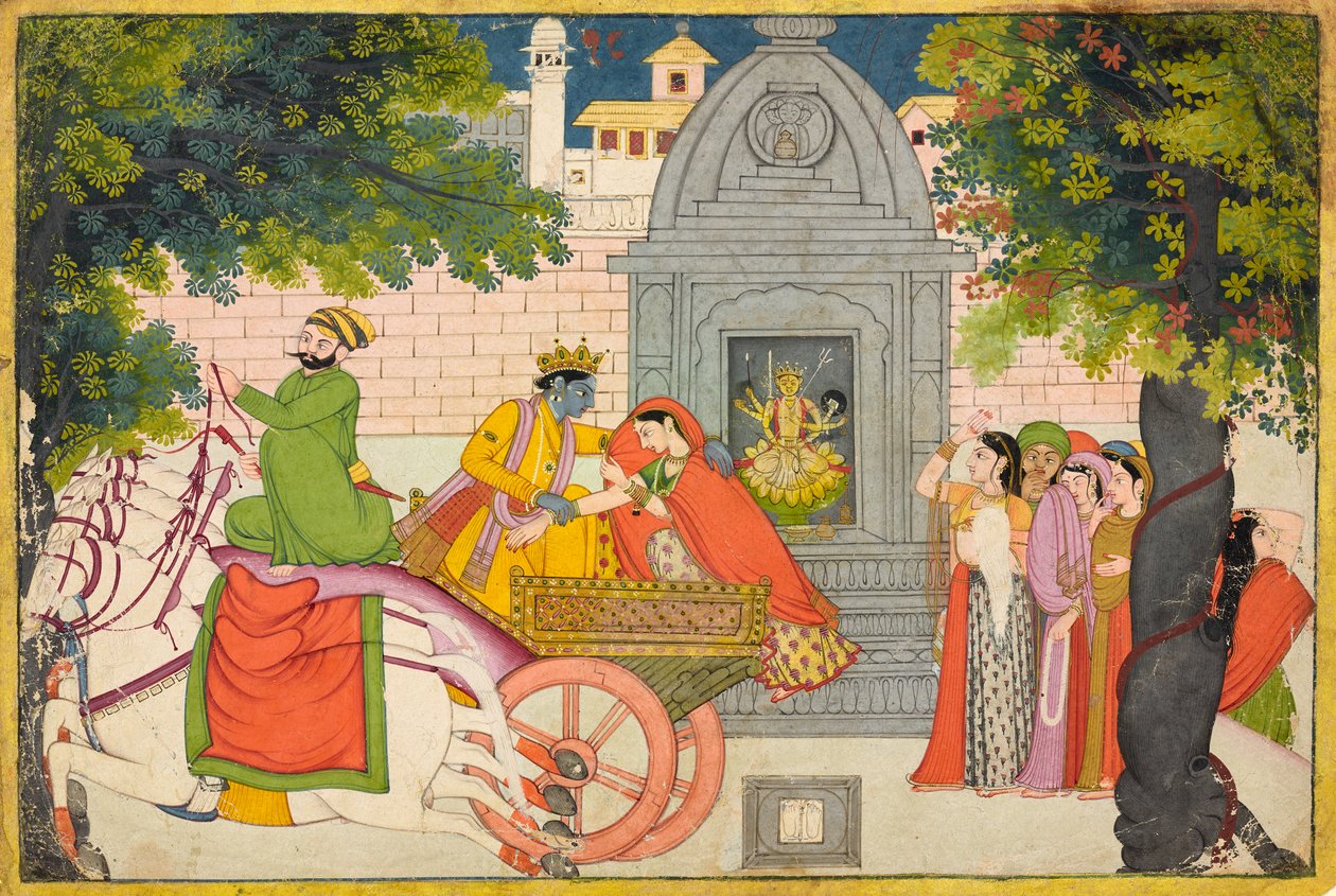 Rukmini flieht mit Krishna, Folio aus einem Bhagavata Purana, ca. 1780 von Indian School