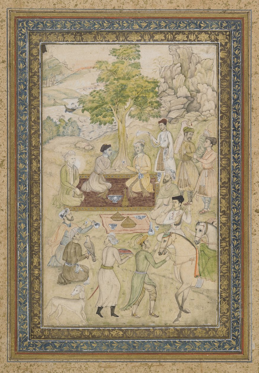 Sultan Murad und Sultan Daniyal bei einem Picknick, abgelöstes Albumblatt mit Malerei, ca. 1900 von Indian School