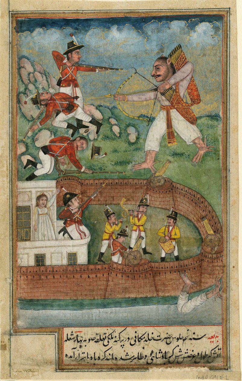 Ein Dämon greift ein von europäischen Soldaten verteidigtes Fort an von Indian School