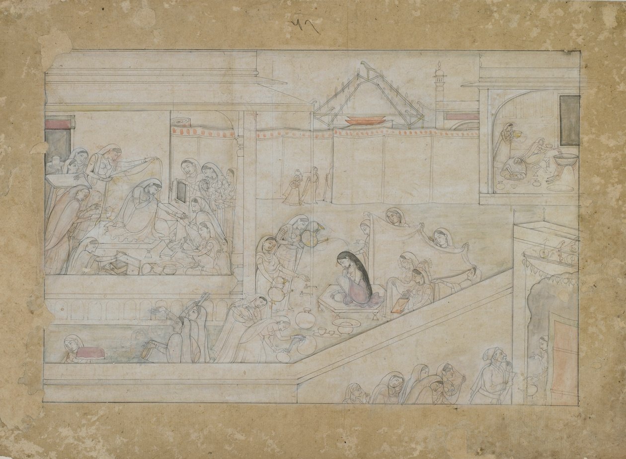 Hochzeitsvorbereitungen aus einer Naishadhicharita-Serie, Guler, Punjab-Hügel, 1775-1800 von Indian School