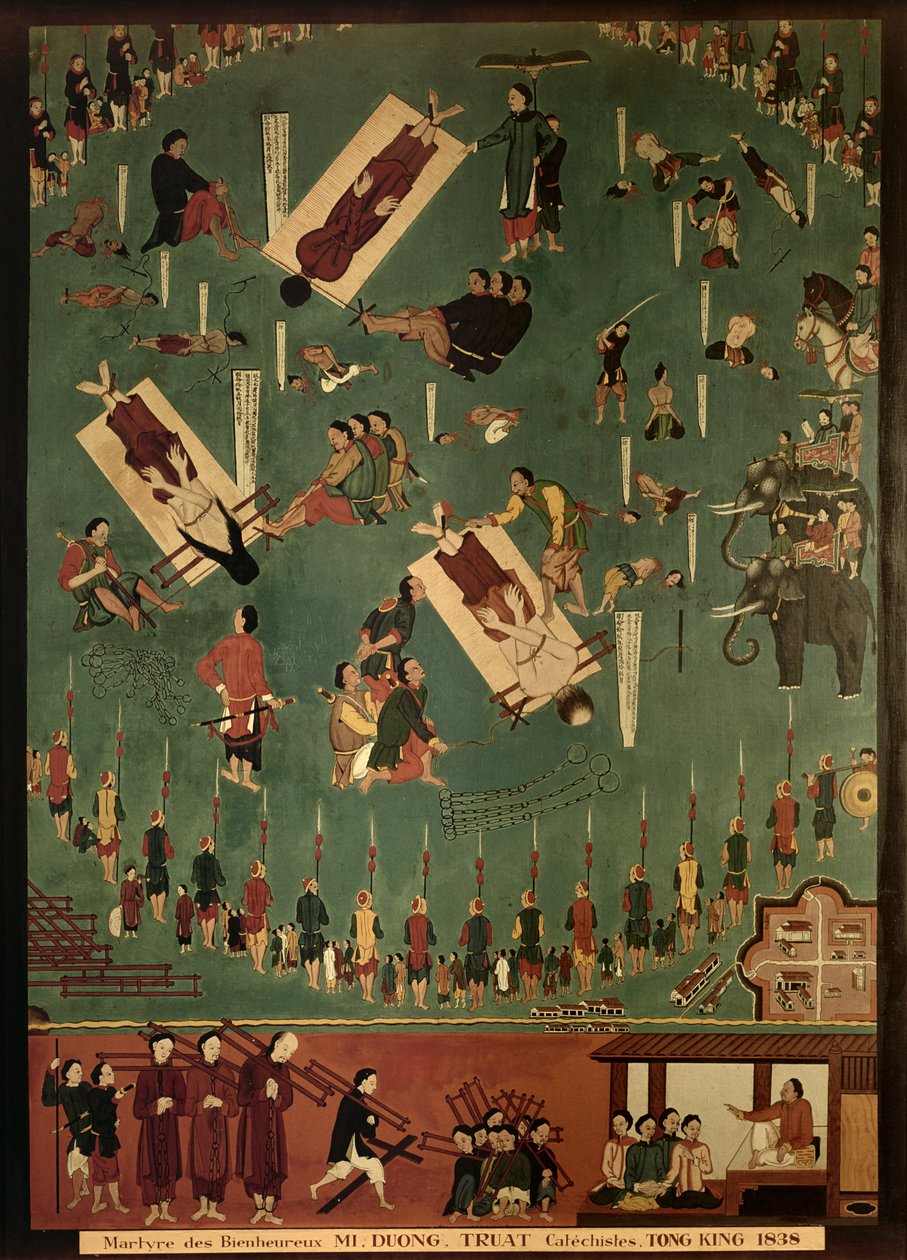 Das Martyrium der Seligen Mi, Duong und Truat in Tongking, China, 1838 von Indo Chinese School