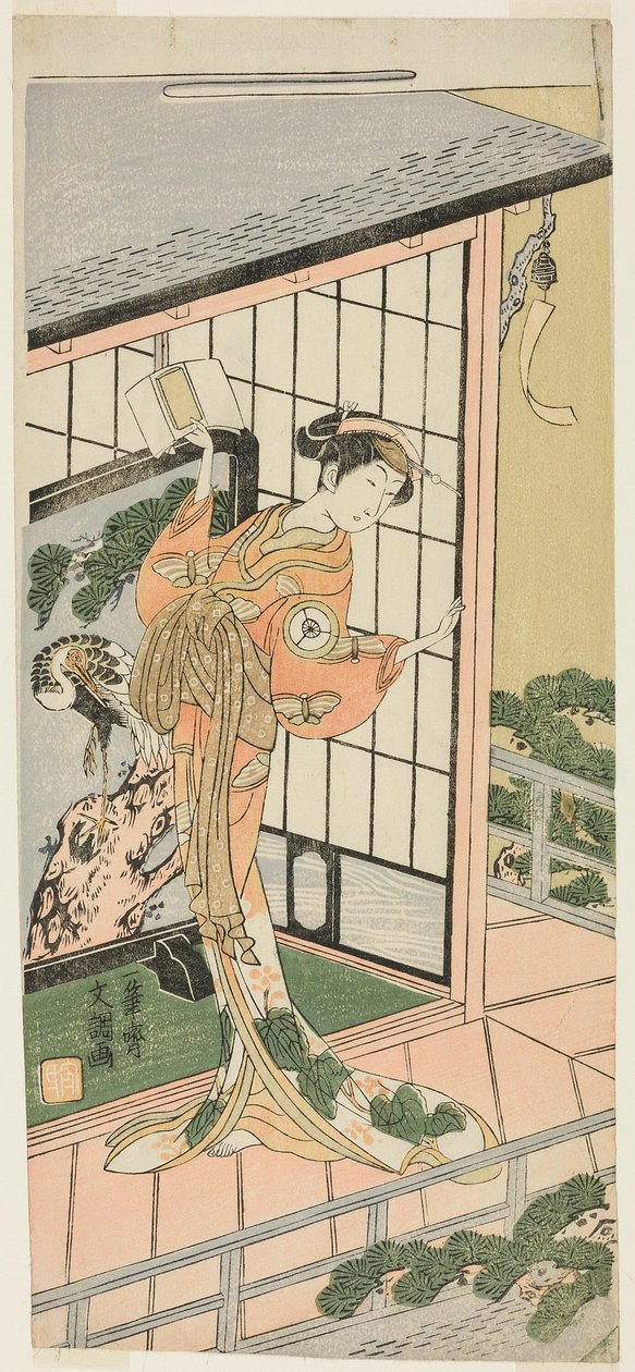Der Schauspieler Iwai Hanshiro IV als Okaru im siebten Akt des Stücks Chushingura (Schatz der siebenundvierzig treuen Vasallen), aufgeführt im Morita Theater ab dem dritten Tag des vierten Monats, 1769 von Ippitsusai Bunchō