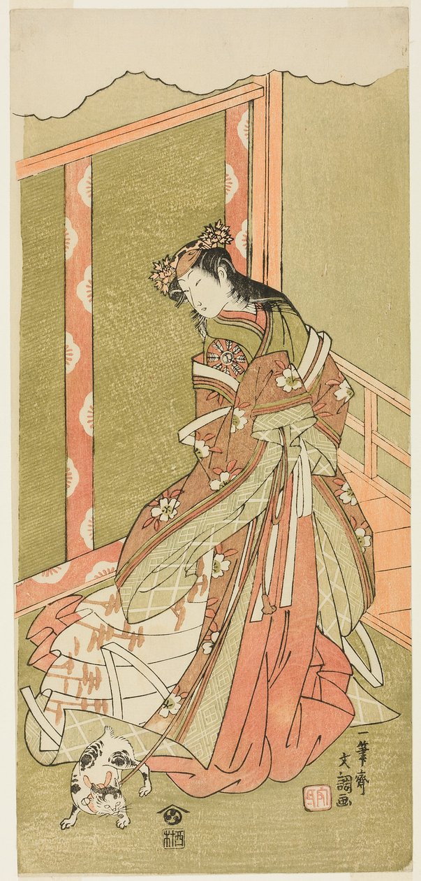 Der Schauspieler Nakamura Noshio I als die dritte Prinzessin (Nyosan no Miya) im Stück Fuki Kaete Tsuki mo Yoshiwara (Neues Dach: Der Mond scheint auch über das Vergnügungsviertel Yoshiwara), aufgeführt im Morita-Theater ab dem ersten Tag des elften Monats von Ippitsusai Bunchō