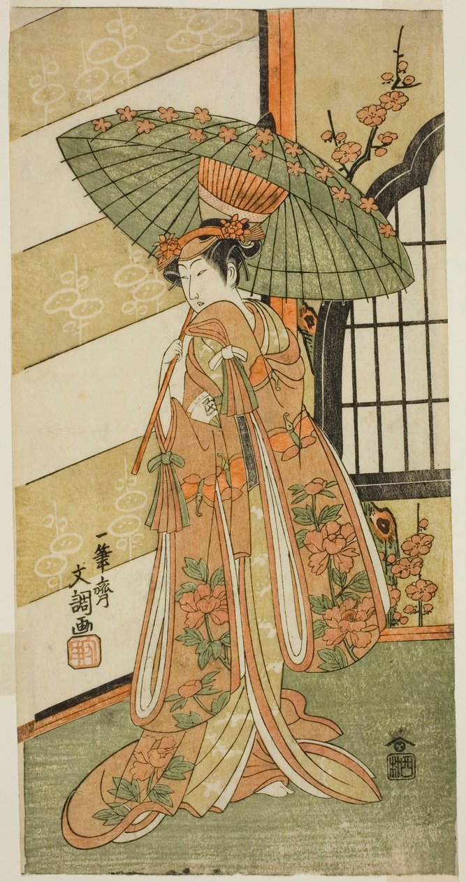 Der Schauspieler Onoe Tamizo I als Nishikigi im Stück Mutsu no Hana Ume no Kaomise, aufgeführt im Ichimura Theater im elften Monat, 1769 von Ippitsusai Bunchō