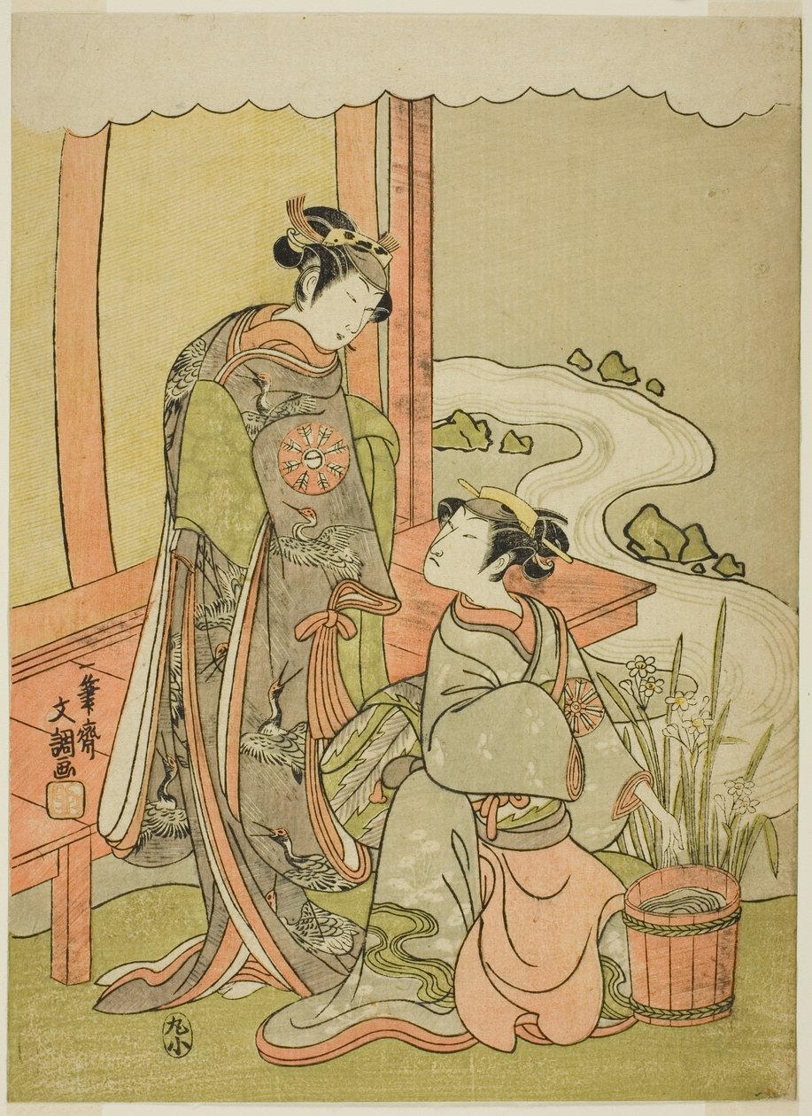 Die Schauspieler Nakamura Tomijuro I als Enju verkleidet als Shirbyoshi Gio (rechts) und Nakamura Noshio I als Goo verkleidet als Hotoke Gozen (links), im Stück Miyako-zome Gio Katsugi, aufgeführt im Morita Theater im elften Monat, 1770 von Ippitsusai Bunchō