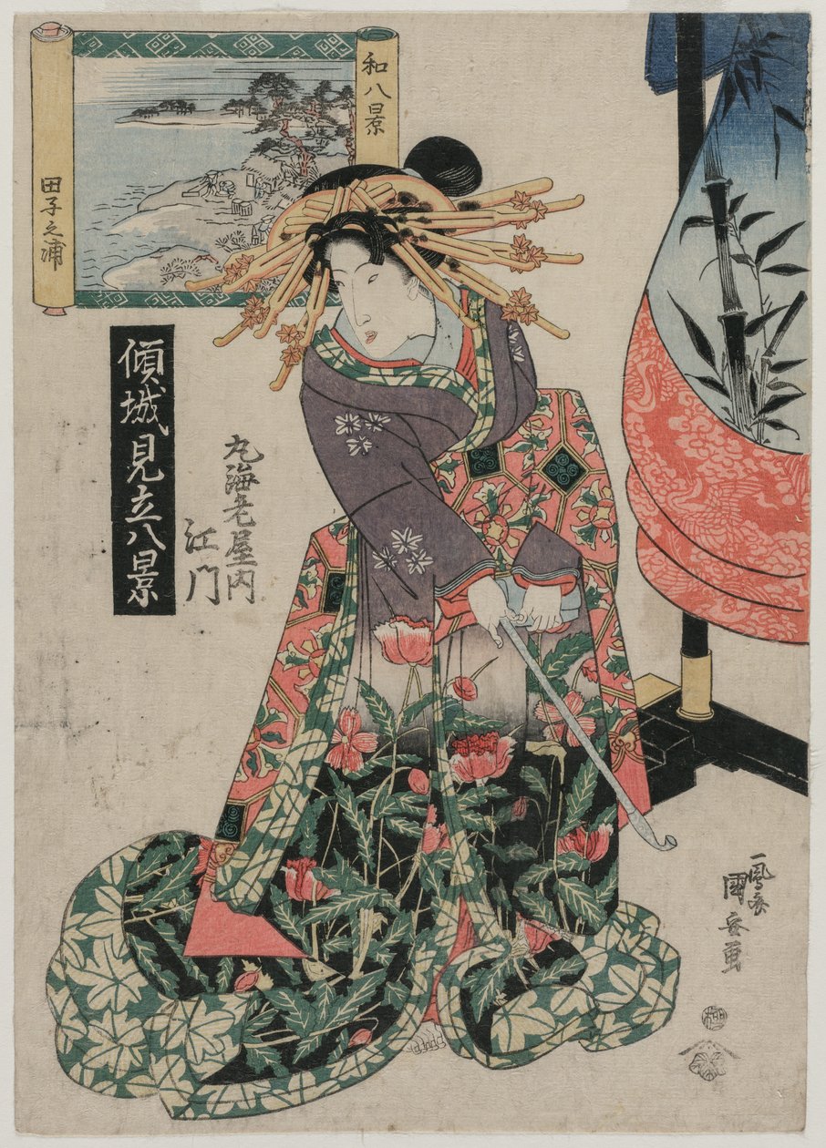 Die Kurtisane Emon von Maruebiya mit Blick auf die Tago-Bucht..., ca. späte 1820er oder frühe 1830er Jahre von Ipposai Kuniyasu