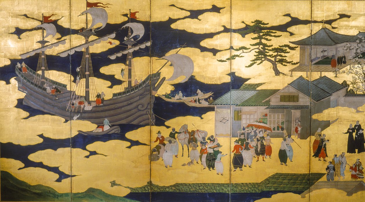 Samurai - Faltbildschirm von Namban Byobus - Südliche Barbaren - Ein portugiesisches Schiff betritt einen japanischen Hafen, 2005 von Ira Block