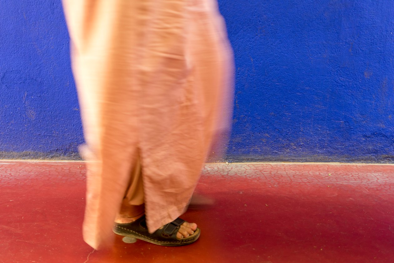 Vorbeigehen an einer blauen Wand im Majorelle-Garten in Marrakesch, Marokko, 2014 (Foto) von Ira Block
