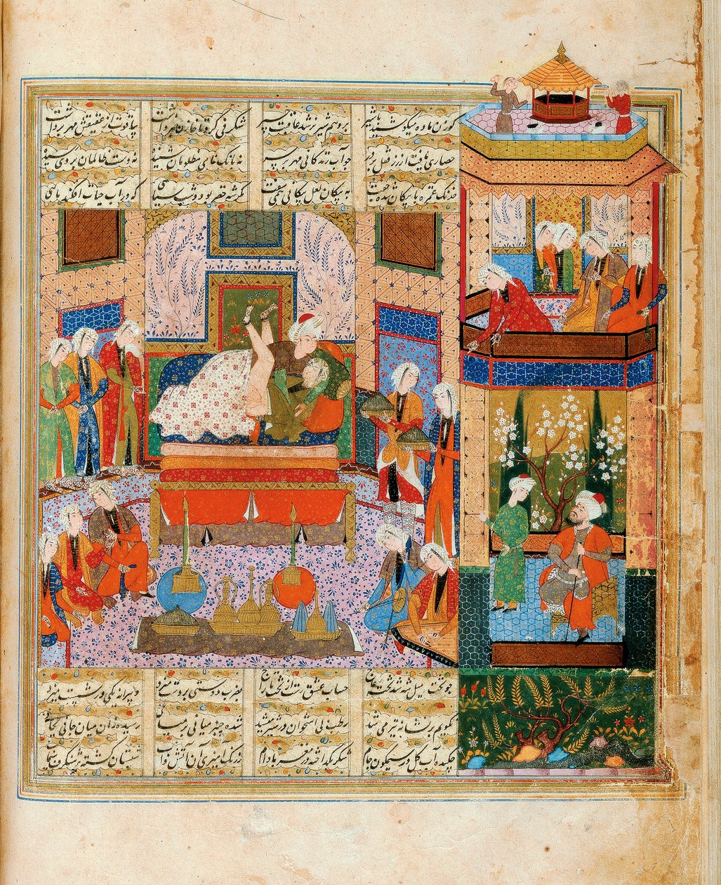 Die Vollendung der Ehe zwischen Khusraw und Shirin, Miniatur aus dem Zyklus der Acht Dichter von Iranian Master