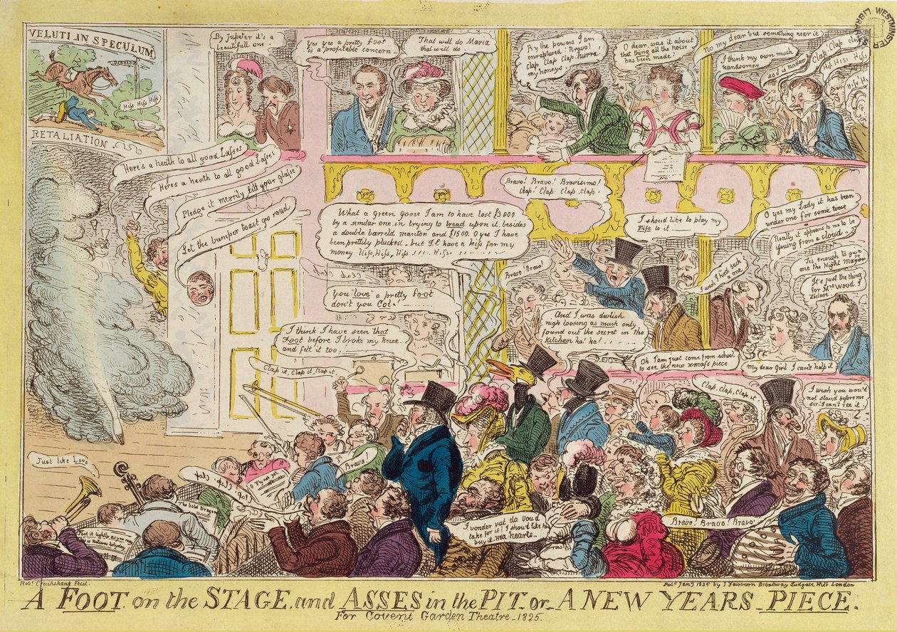 Ein Fuß auf der Bühne und Esel in der Grube, oder Ein Neujahrsstück für das Covent Garden Theatre, 1825 von Isaac Robert Cruikshank