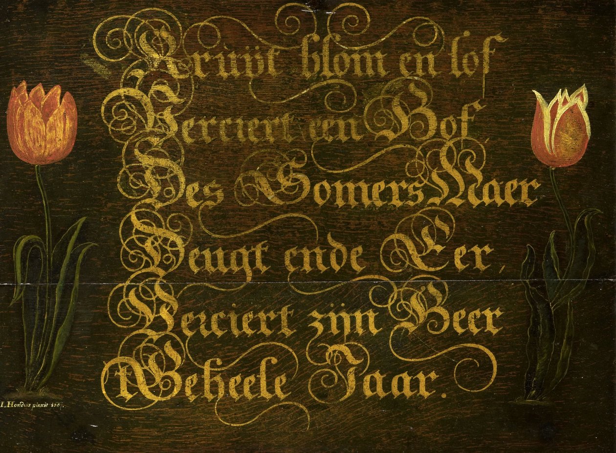 Ein kalligraphisches Sprichwort mit Tulpen von Isaac Hondius