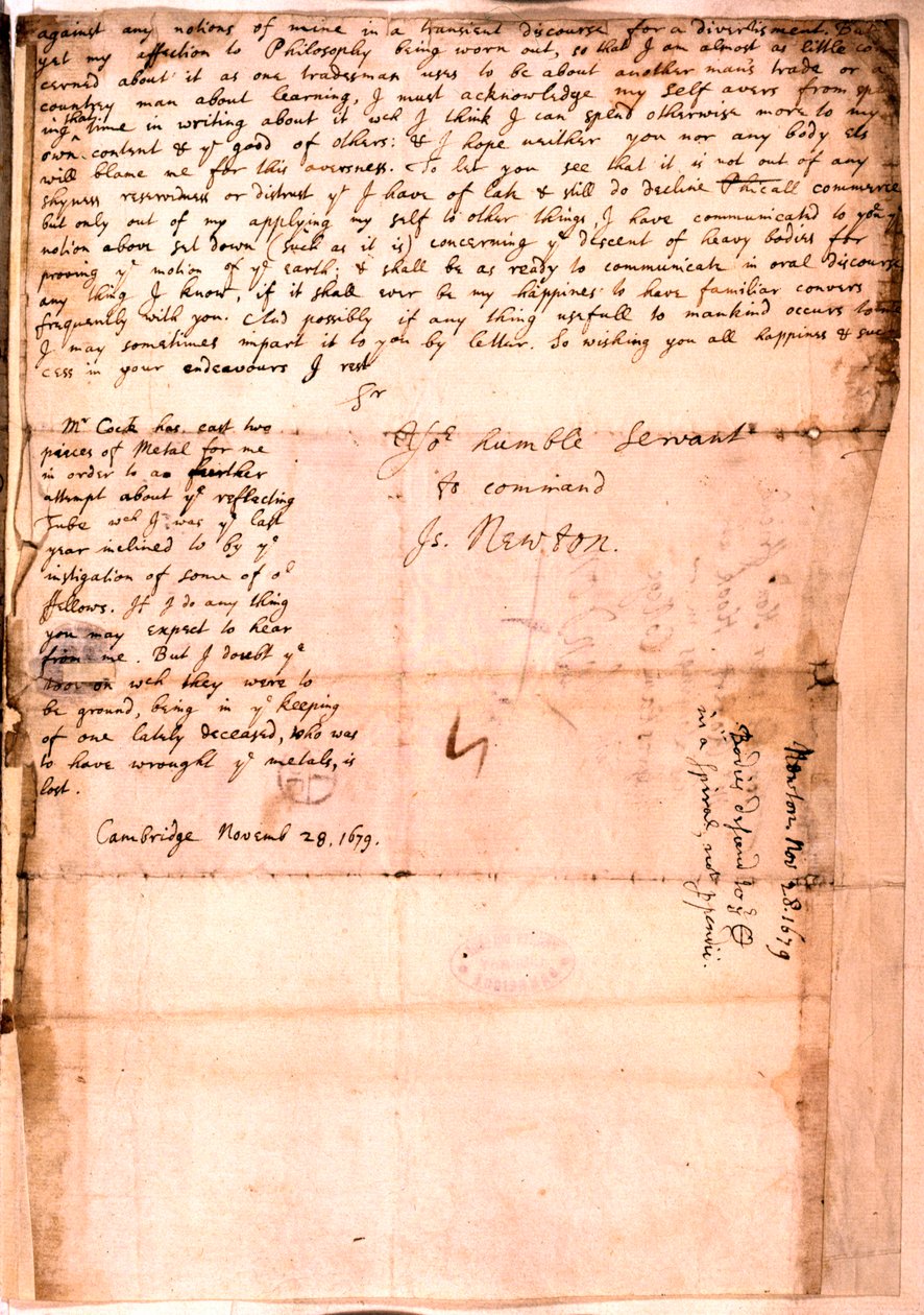 Brief von Isaac Newton, 28. November 1679 von Isaac Newton