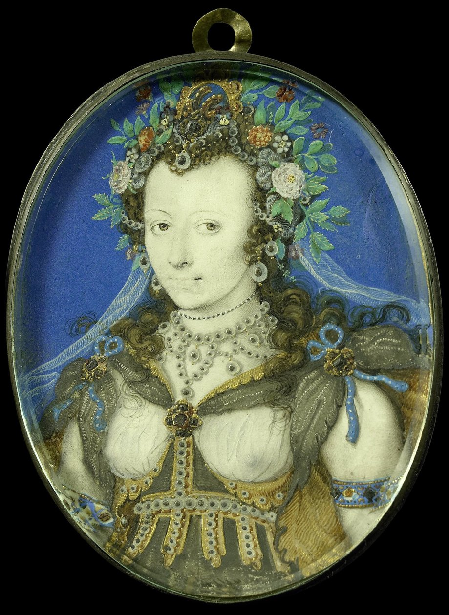 Porträt einer Frau in Maskeradekleidung als Flora von Isaac Oliver