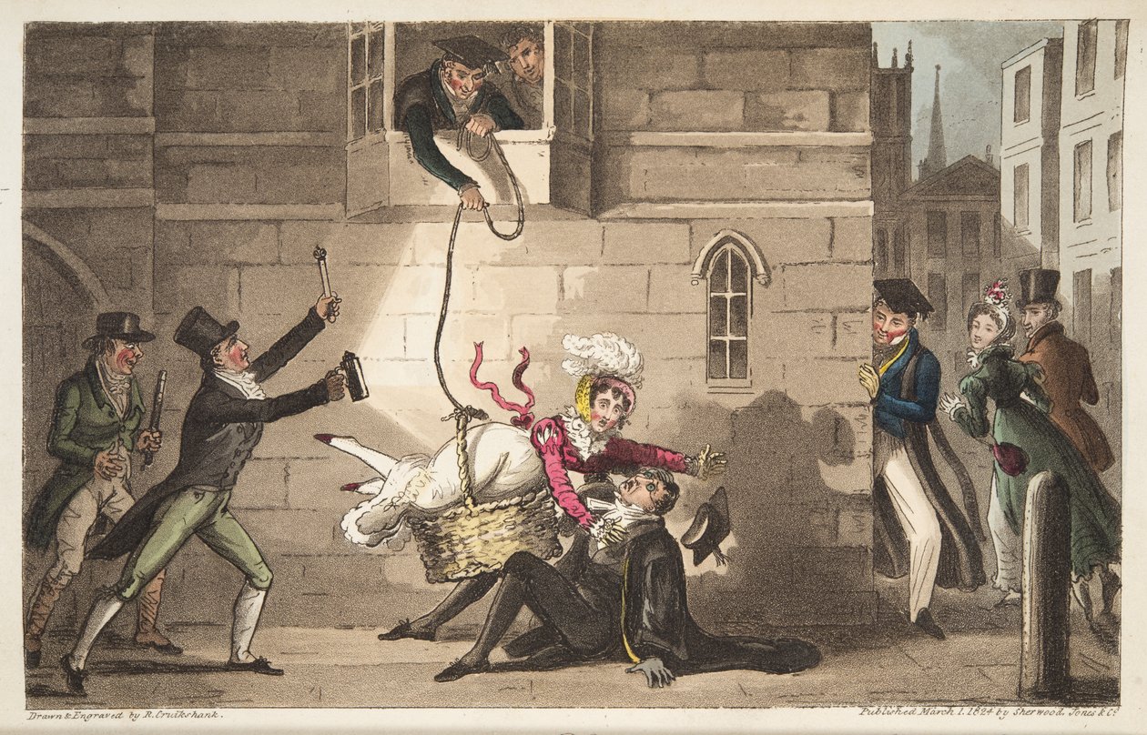 Einen Proktor grüßen, oder Oxford-Bulldogs entdecken Brazen-Schmuggler, aus The English Spy, veröffentlicht London, 1824 von Isaac Robert Cruikshank