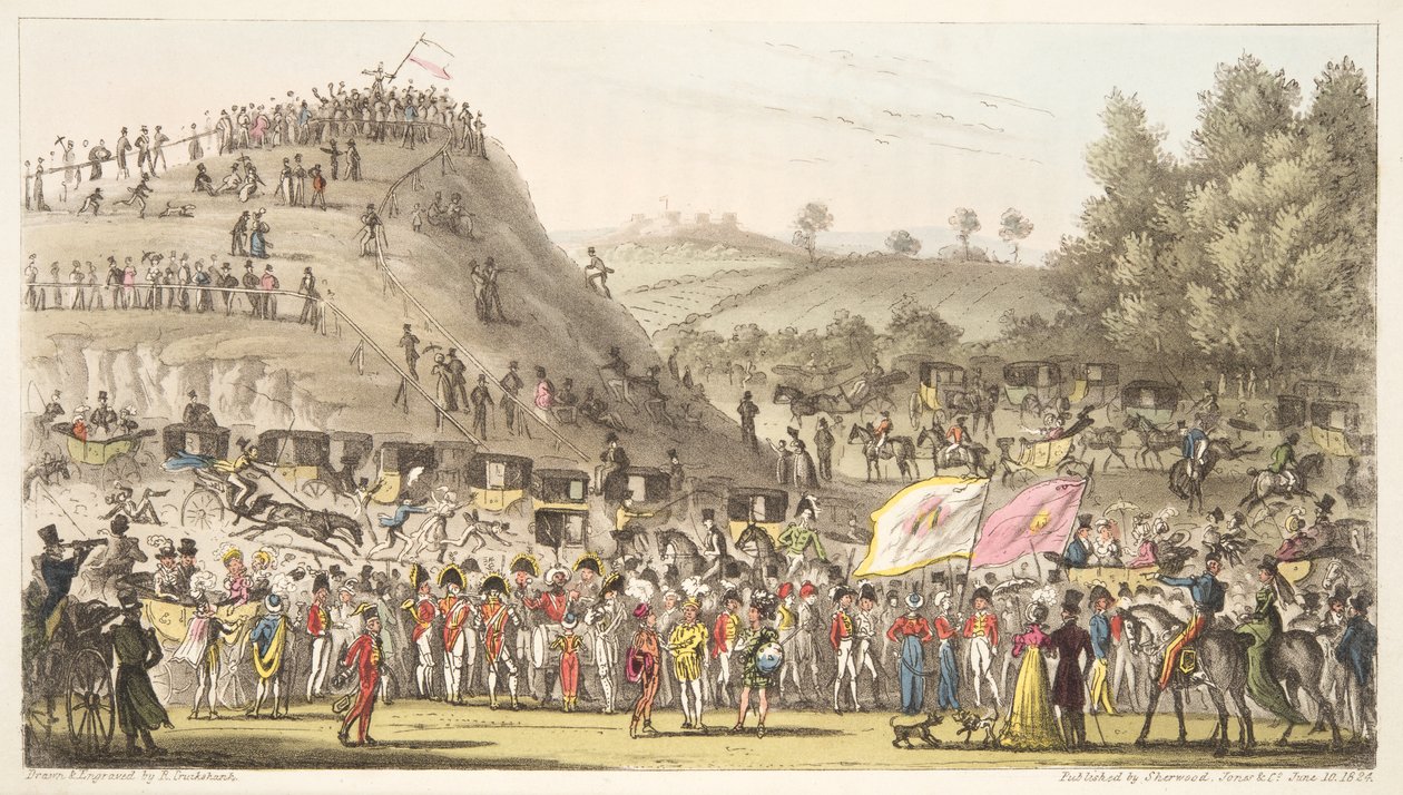Eton Montem und der Berg, Salt Hill, aus The English Spy, veröffentlicht 1824 von Isaac Robert Cruikshank