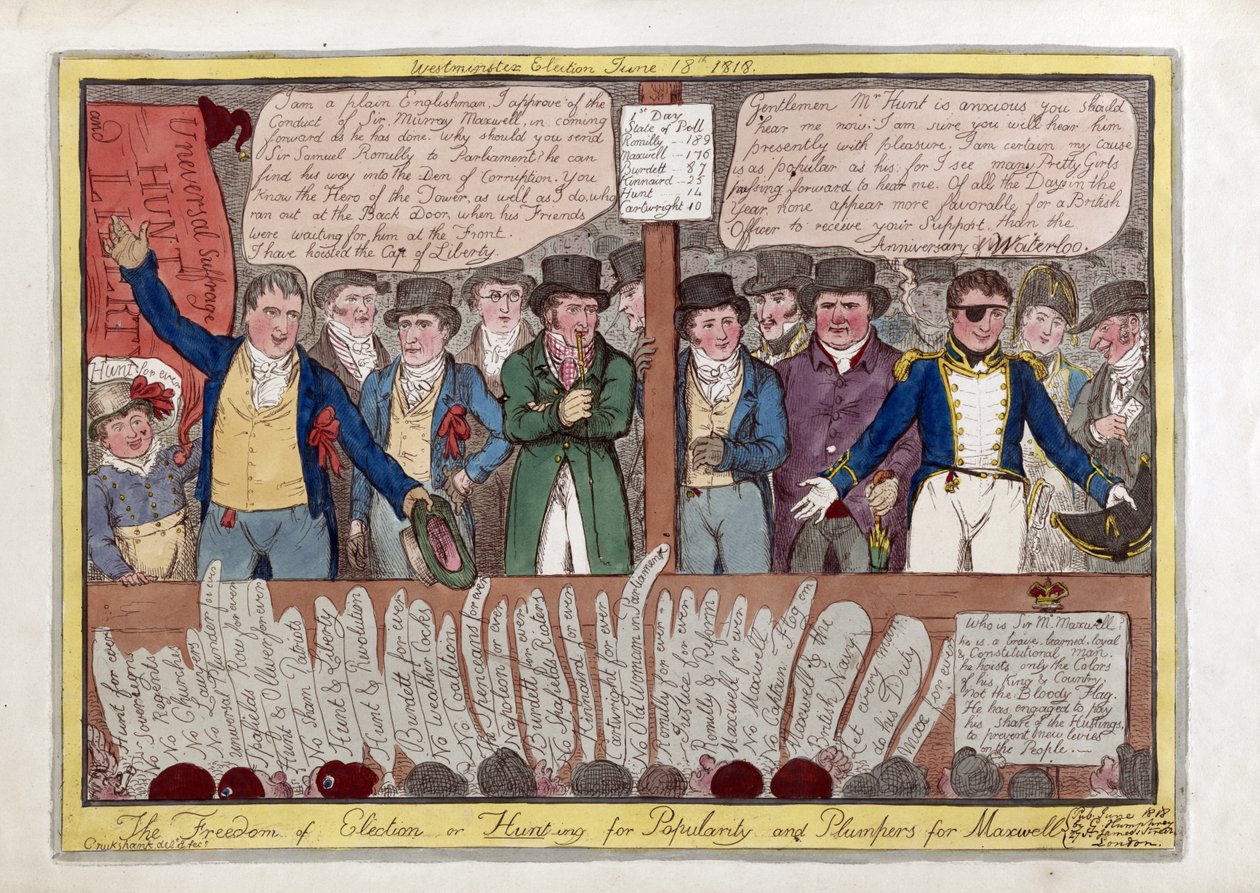 Die Freiheit bei der Wahl oder Jagd nach Popularität und Plumpern für Maxwell, veröffentlicht von G. Humphrey, 1818 (handkolorierte Gravur) von Isaac Robert Cruikshank
