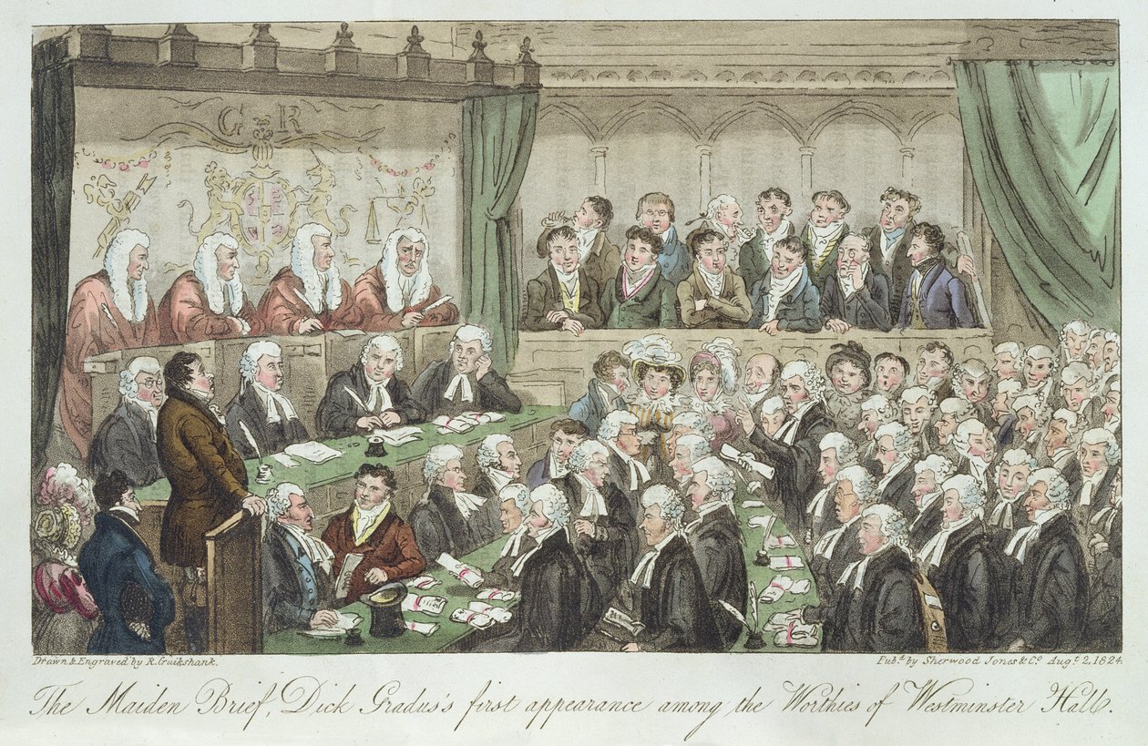 Das erste Auftreten von Dick Gradus unter den Würdenträgern der Westminster Hall, veröffentlicht 1824 von Isaac Robert Cruikshank