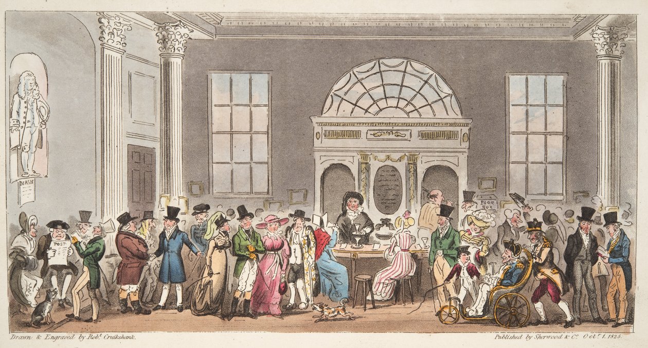 Bekannte Besucher des Pump Room, Bath, trinken einen Schluck mit König Bladud, aus The English Spy, veröffentlicht 1824 von Isaac Robert Cruikshank