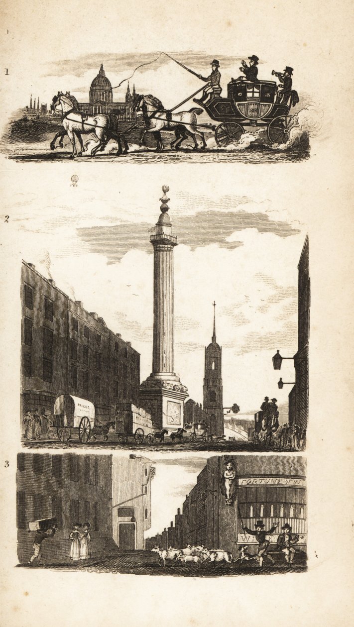 Landmänner auf einer Postkutsche, das Monument und Pie Corner von Isaac Taylor