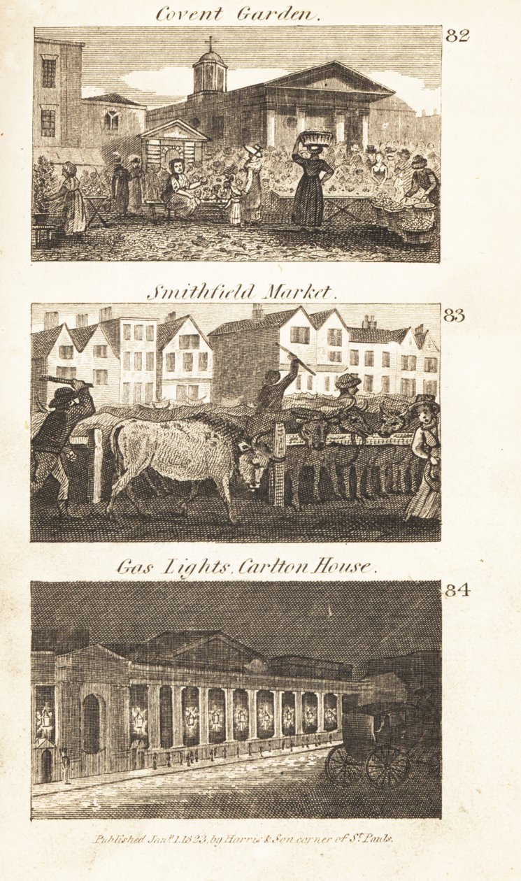 Berufe im Regency-England: Covent Garden, Smithfield Market und Gaslichter am Carlton House von Isaac Taylor