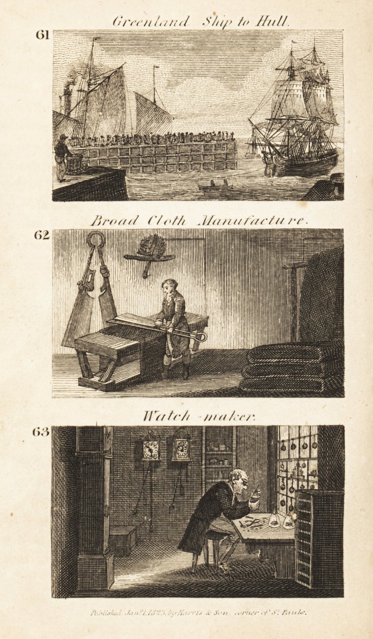 Berufe im Regency-England: Grönlandschiff nach Hull, Tuchherstellung und Uhrmacher von Isaac Taylor