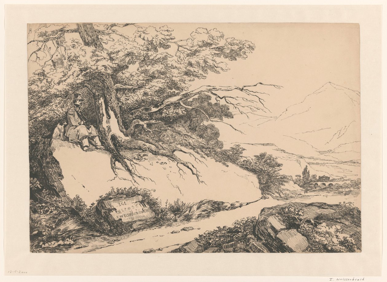 Landschaft mit einem unter einem Baum pausierenden Mann mit Hund von Isaac Weissenbruch