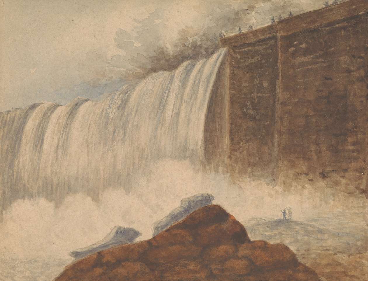 Ansicht der Niagarafälle mit zwei Figuren auf einem Felsen im rechten Vordergrund von Isaac Weld
