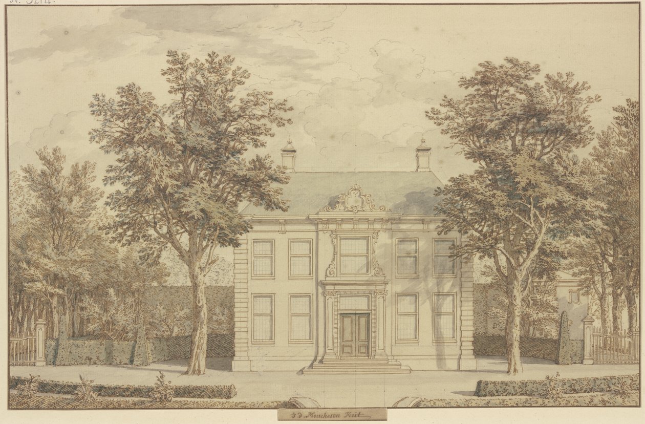 Gartenanlage mit Taxushecke und einem Haus zwischen zwei Bäumen von Isaac de Moucheron