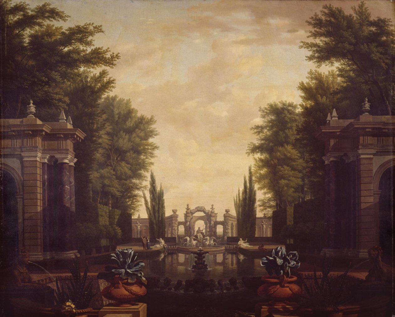 Wasserpartie mit Statuen und Gebäuden in einem Park von Isaac de Moucheron