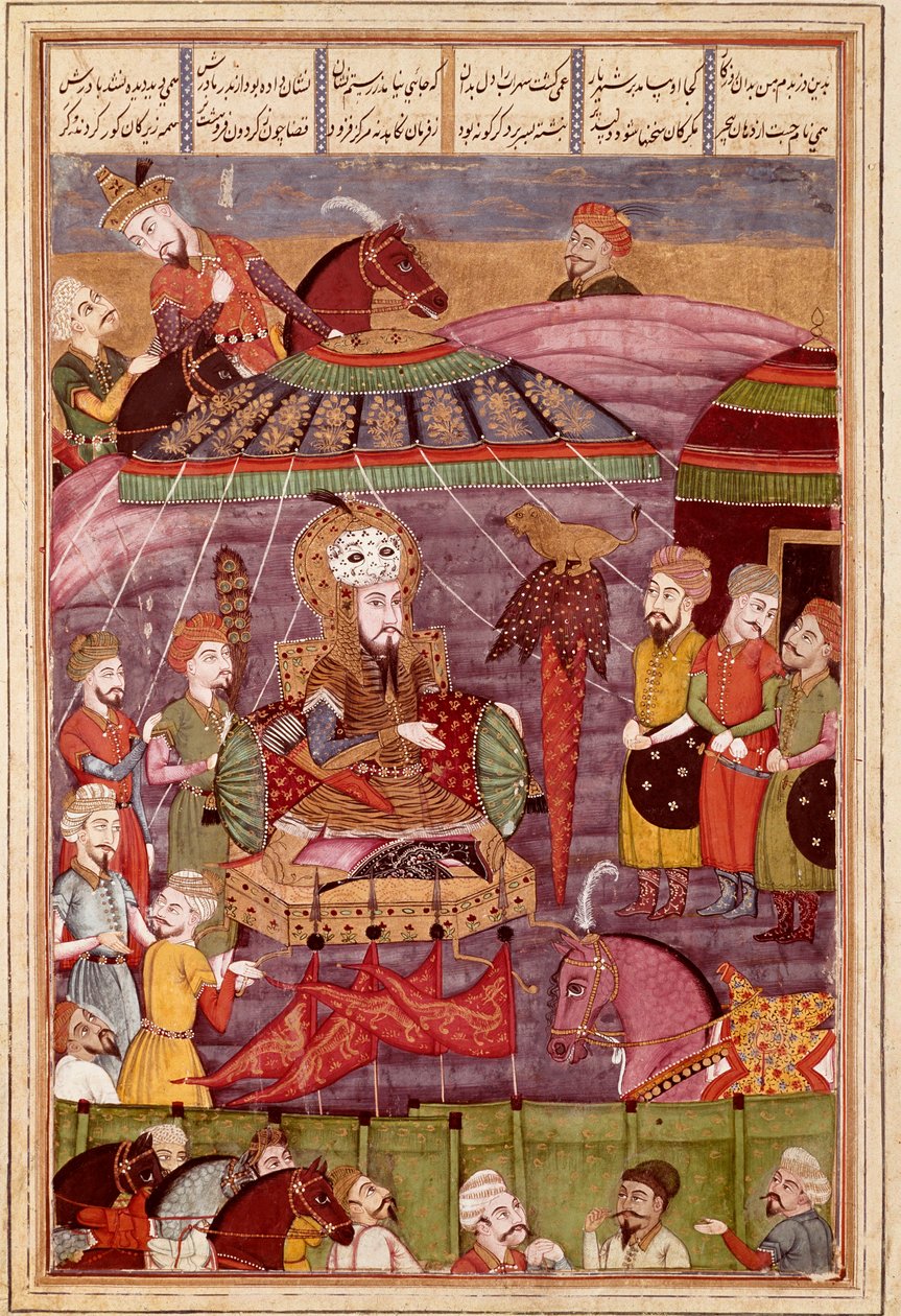 Islamische Kunst: Sohrab betrachtet das rote Zelt von Rostame, seinem Vater Persische Miniatur aus einem Manuskript des epischen Gedichts „Shahnameh“ (Buch der Könige) von Ferdowsi (ca. 940-1020) von Islamic School