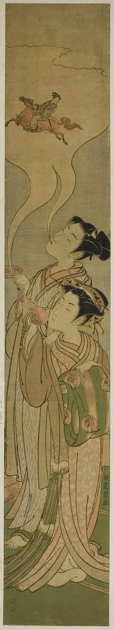 Paar beschwört ein Pferd und einen Reiter (Parodie auf Tekkai und Chokaro) von Isoda Koryusai