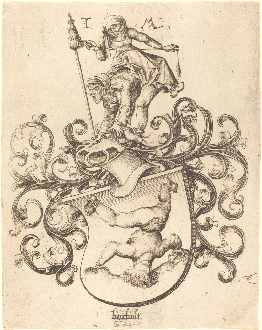 Wappen mit Purzelbaum schlagendem Jungen von Israhel van Meckenem after Master of the Housebook