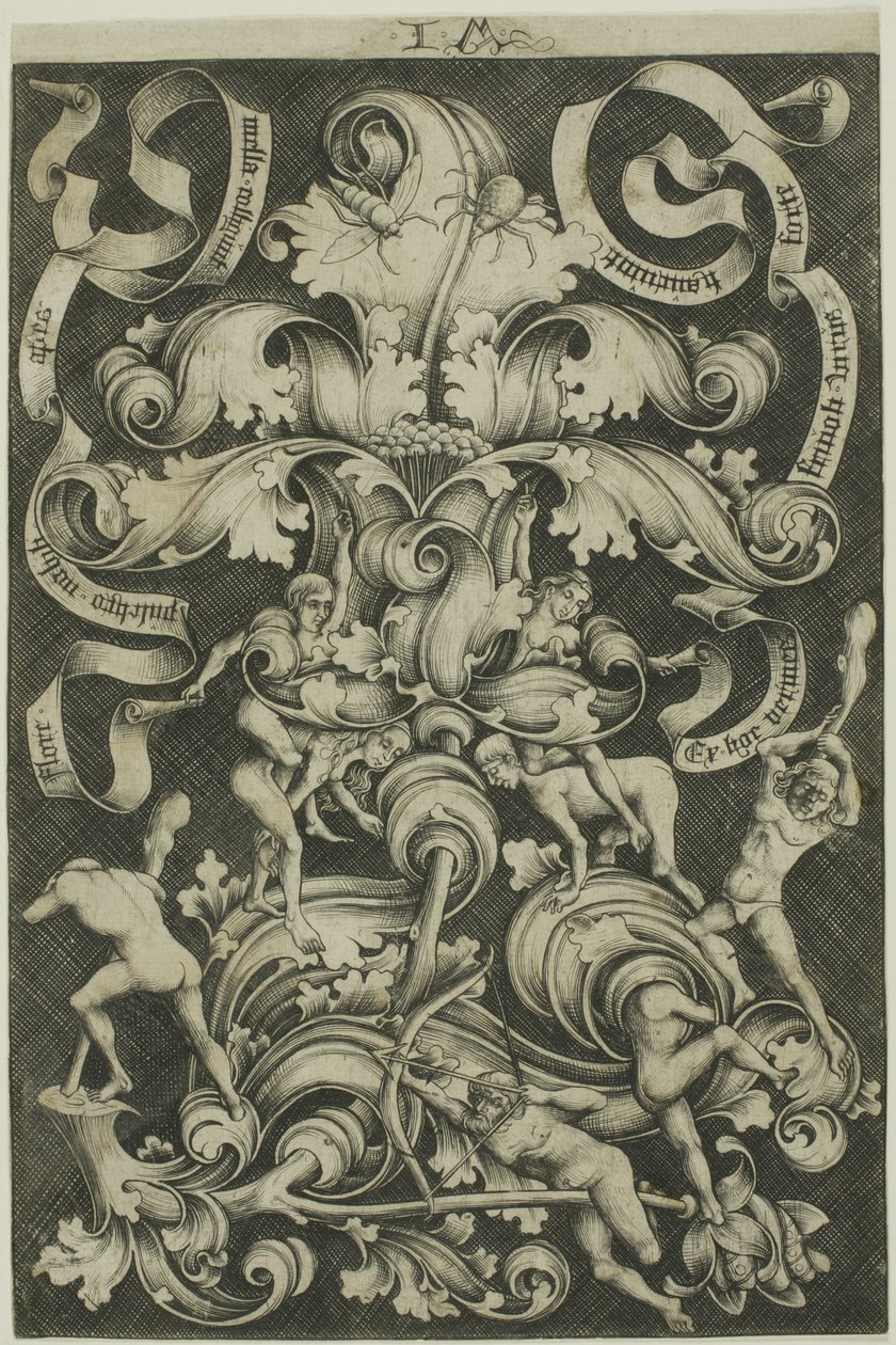 Ornament mit Blume und acht wilden Leuten von Israhel van Meckenem the younger