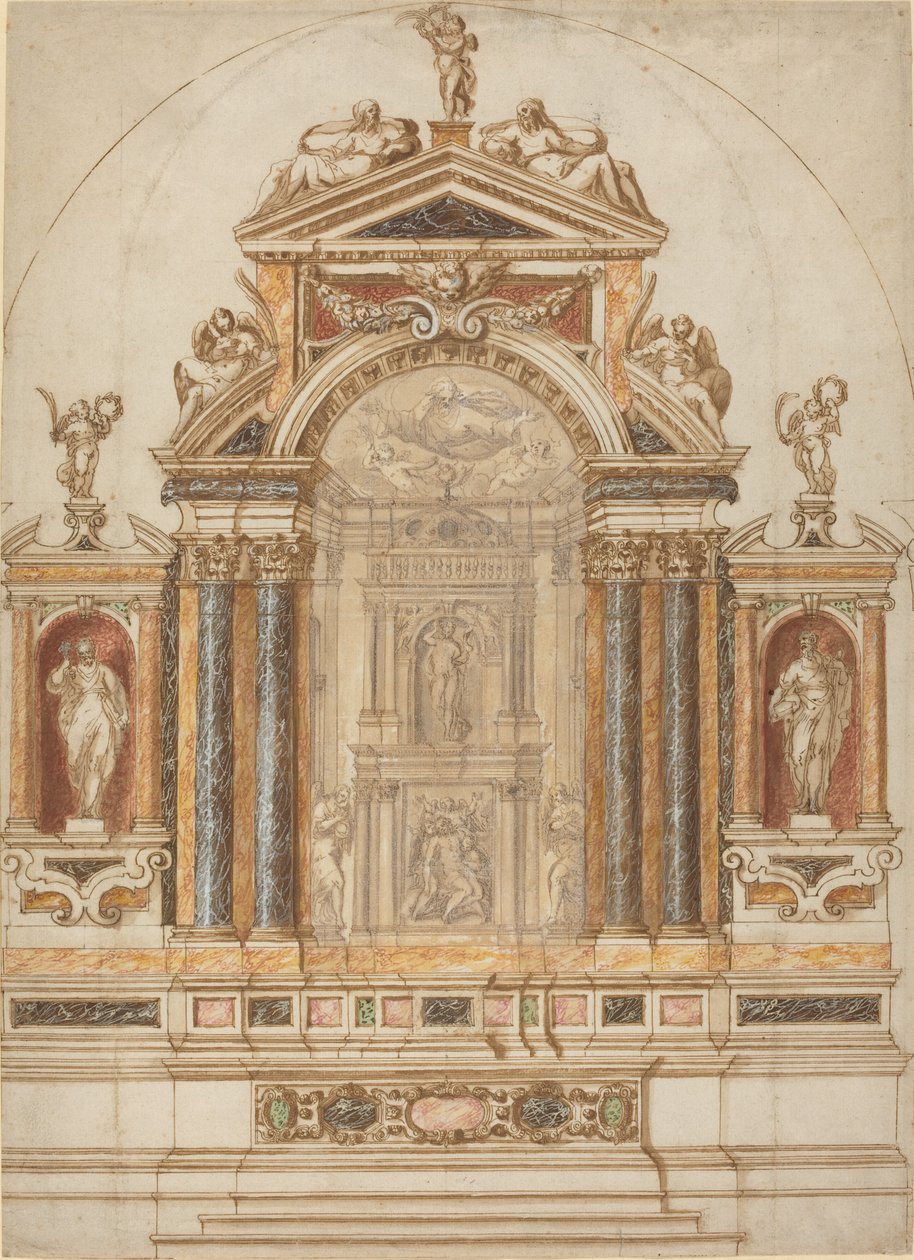 Ein aufwendiger Altar aus farbigem Marmor, verziert mit Skulpturen von Italian 17th Century