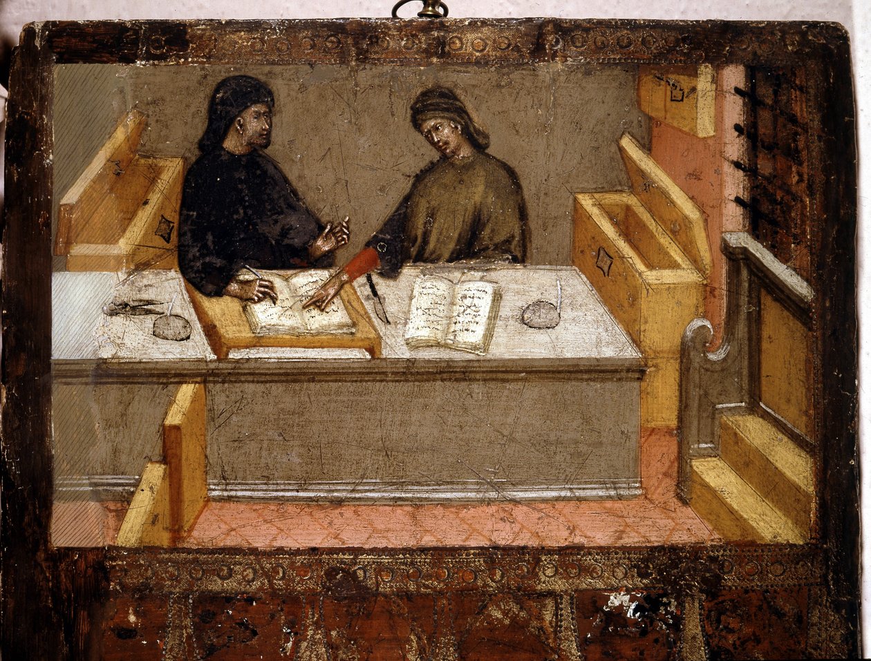 Ein Camerlinguist und ein Steuereintreiber im Büro, Biccherna (Deckblatt des Rechnungsregisters der Stadt Siena) von 1394. Nationalarchiv - Museo delle Tavolette de Bicherna, Siena. von Italian School
