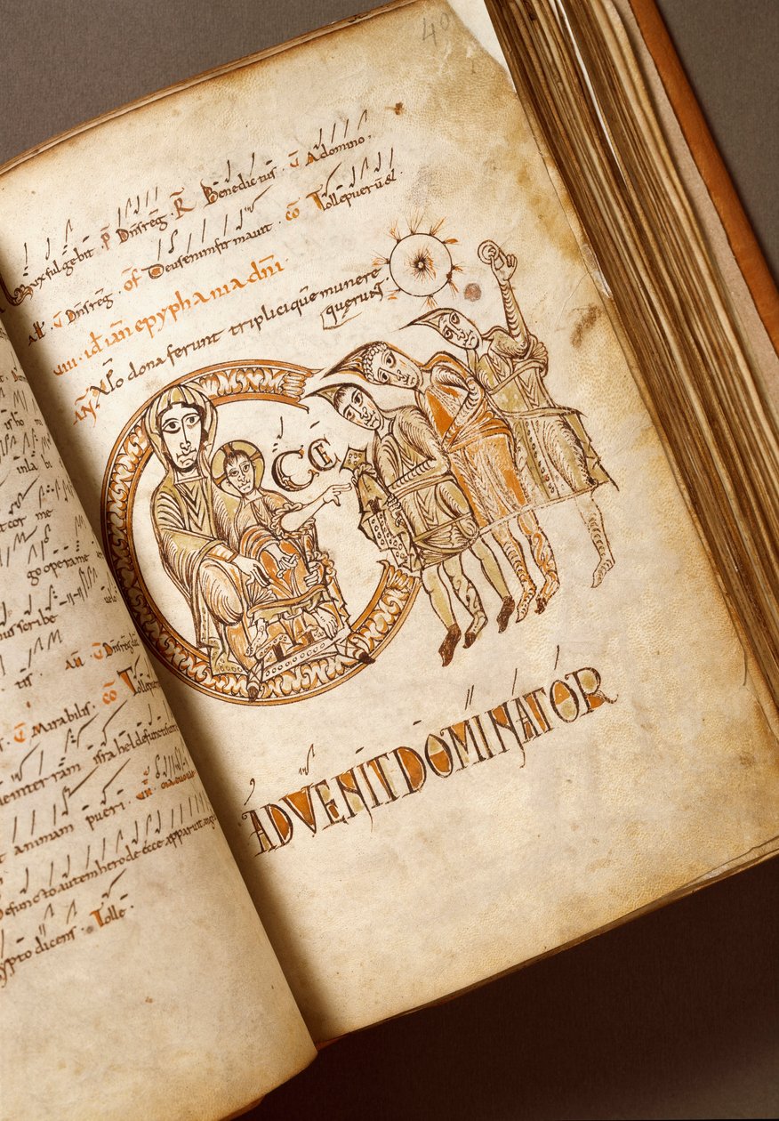 Anbetung der Heiligen Drei Könige. Manuskript der Bologneser Schule. (Ms.123-Foglio 40 r) 11. Jahrhundert Rom, Biblioteca Angelica von Italian School