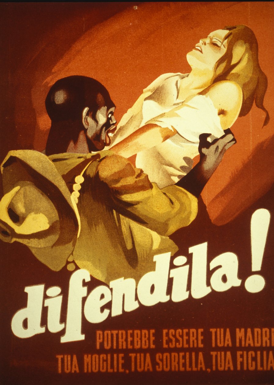 Plakat, das eine junge Frau zeigt, die von einem farbigen Mann angegriffen wird: Verteidige sie, sie könnte deine Mutter, deine Frau, deine Schwester, deine Tochter sein. Italien von Italian School