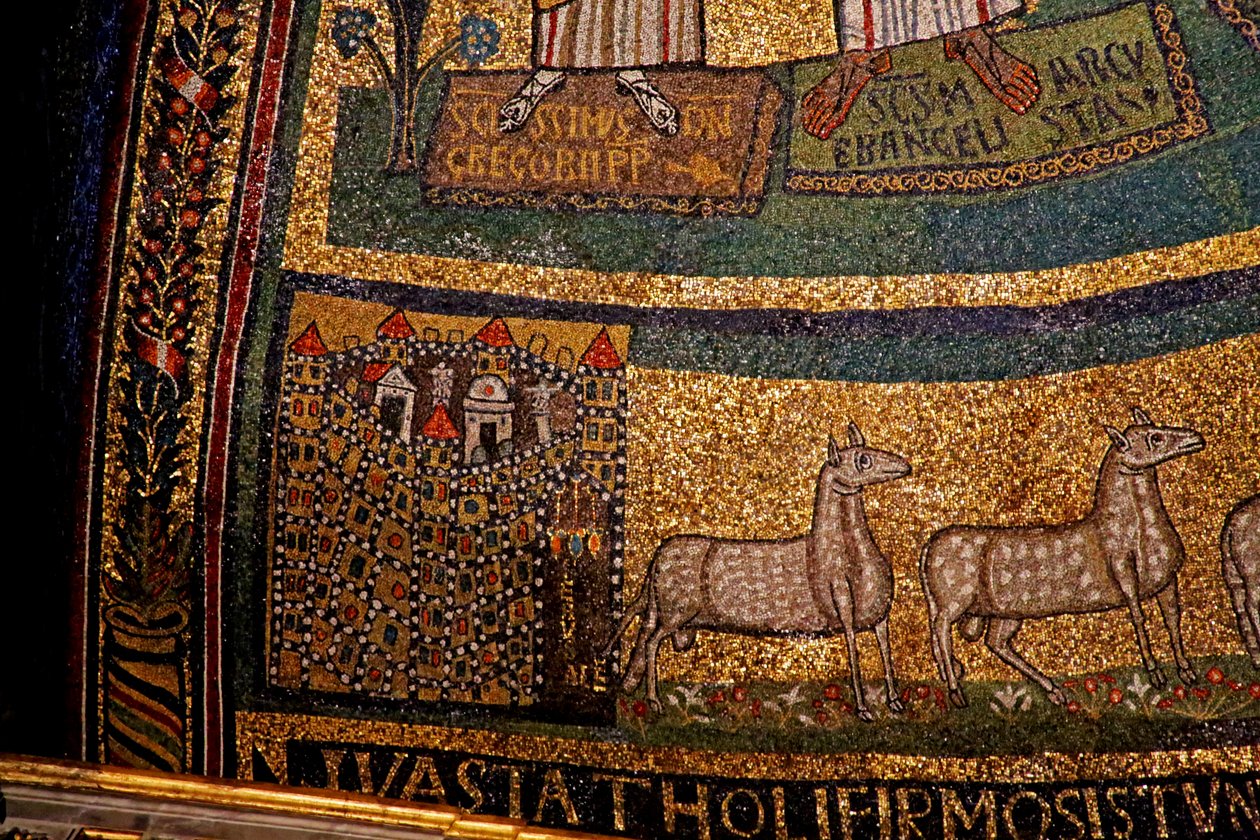 Apsis Detail, Jerusalem und Schafe (Mosaik) von Italian School