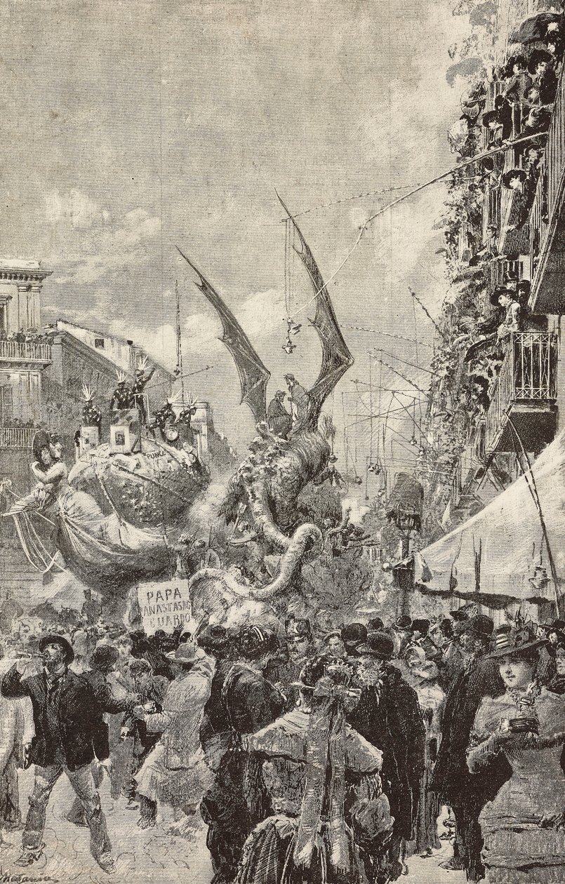 Wagenparade am letzten Tag des Karnevals, Neapel, Italien, Gravur nach einer Zeichnung von Matania, aus L