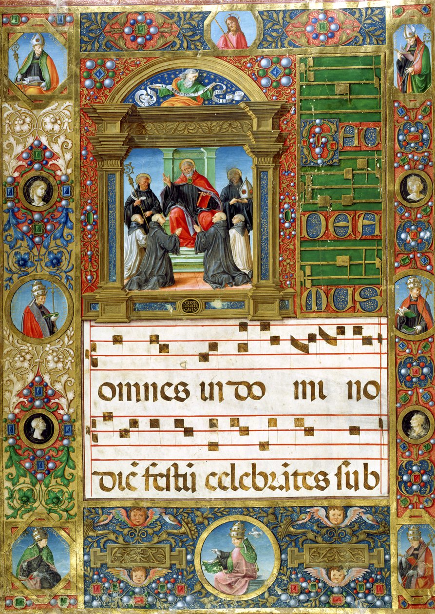 Choralminiatur mit St. Benedikt, der zu Mönchen predigt von Italian School