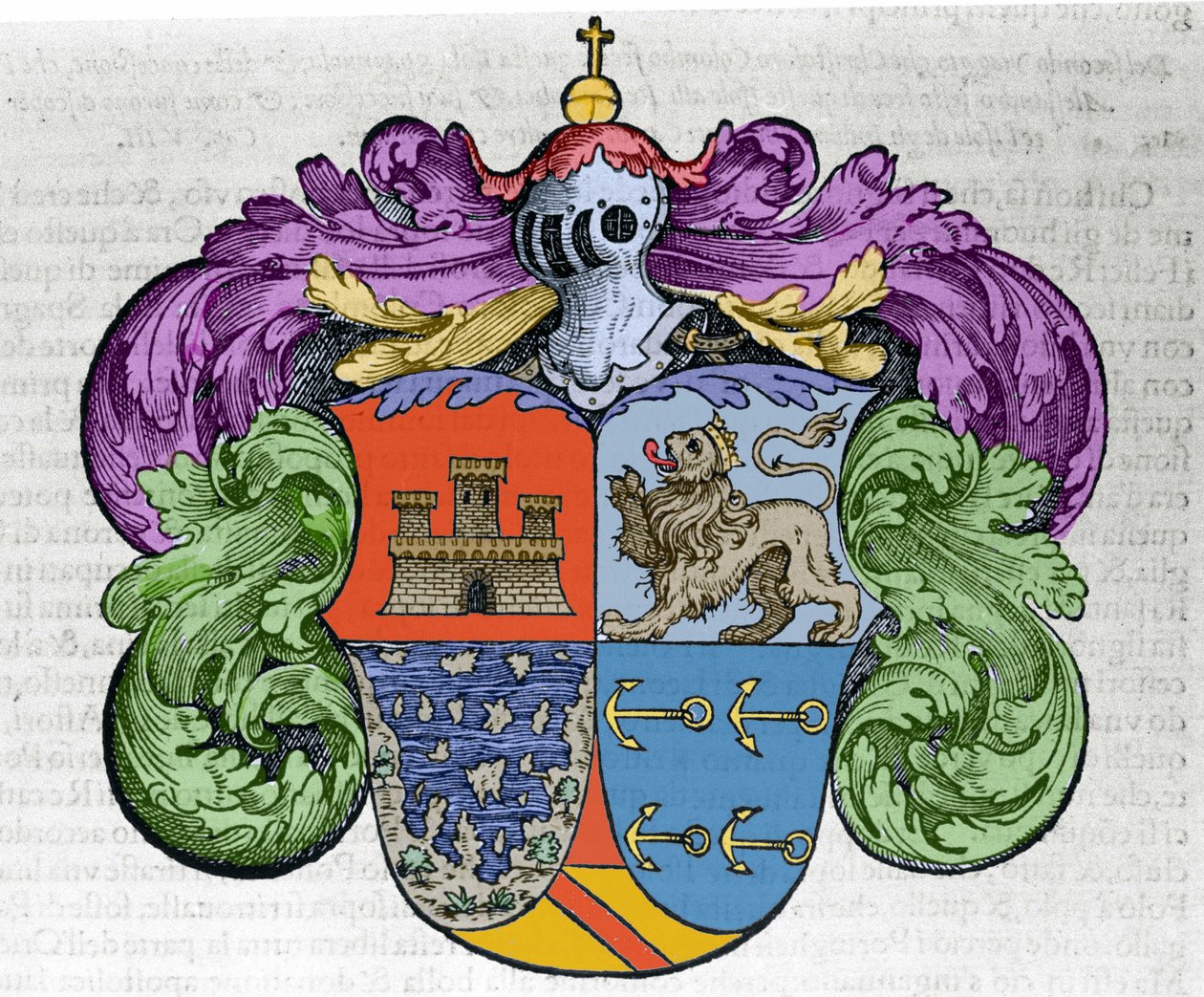 Wappen des Seefahrers Christoph Kolumbus (1451-1506): Die vier Teile des Schildes repräsentieren oben die Stadt Kastilien und León, unten die entdeckten Inseln und die Ankersymbole der Admiralität. Gravur aus dem Buch „Navigationi and Viaggi“ von Italian School
