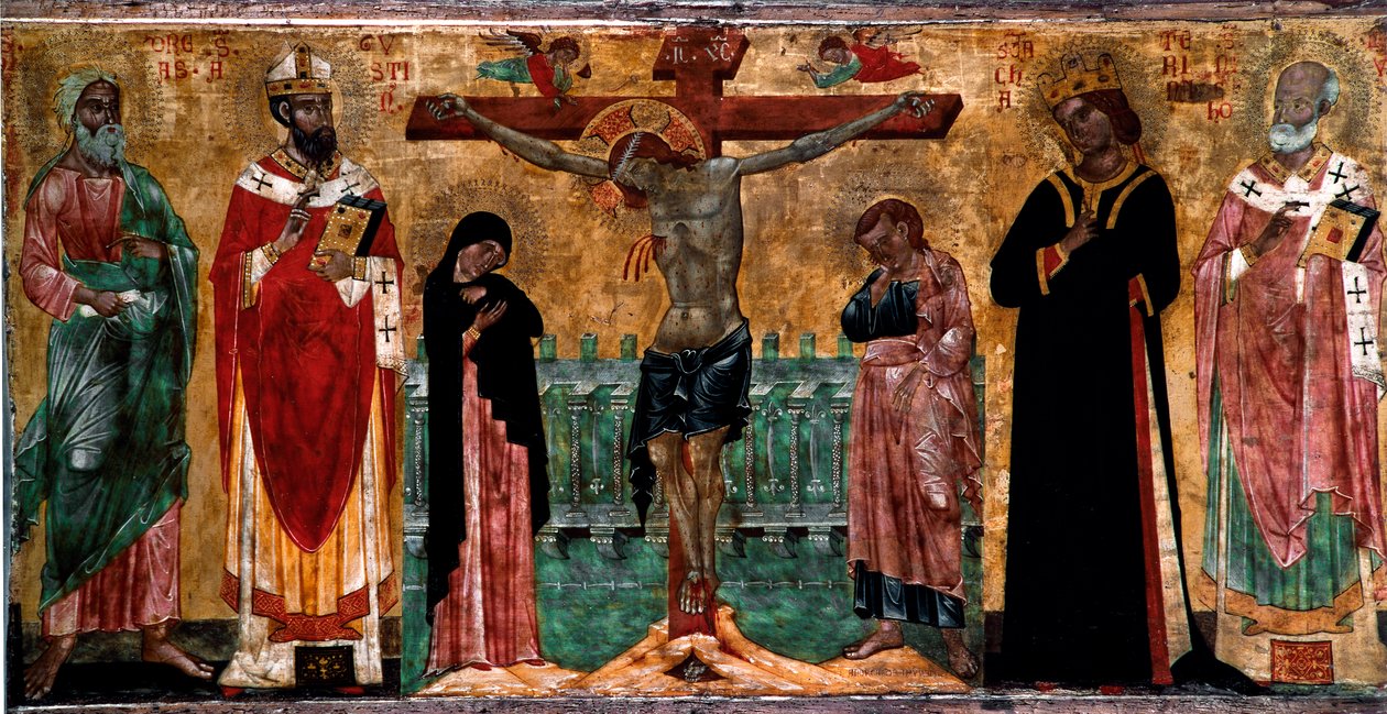 Kreuzigung und Heilige. Holzgemälde eines anonymen Künstlers der Veneto-Byzantinischen Schule. Venedig, Museo Correr von Italian School