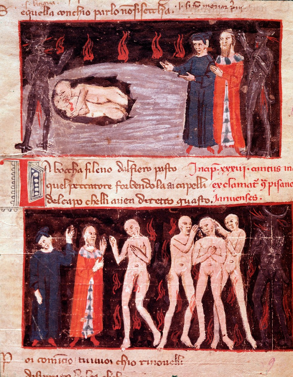 Dante und Vergil treffen Ugolino, Verräter (Gesang 23 aus der Hölle in der Göttlichen Komödie) - Miniatur von Italian School