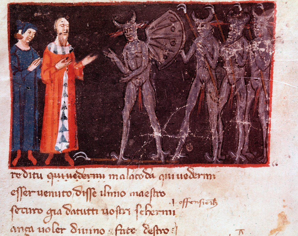 Dante und Vergil sprechen mit Malacoda, Anführer der Malebranche-Truppen (Gesang 21 aus der Hölle, in der Göttlichen Komödie) - Miniatur von Italian School
