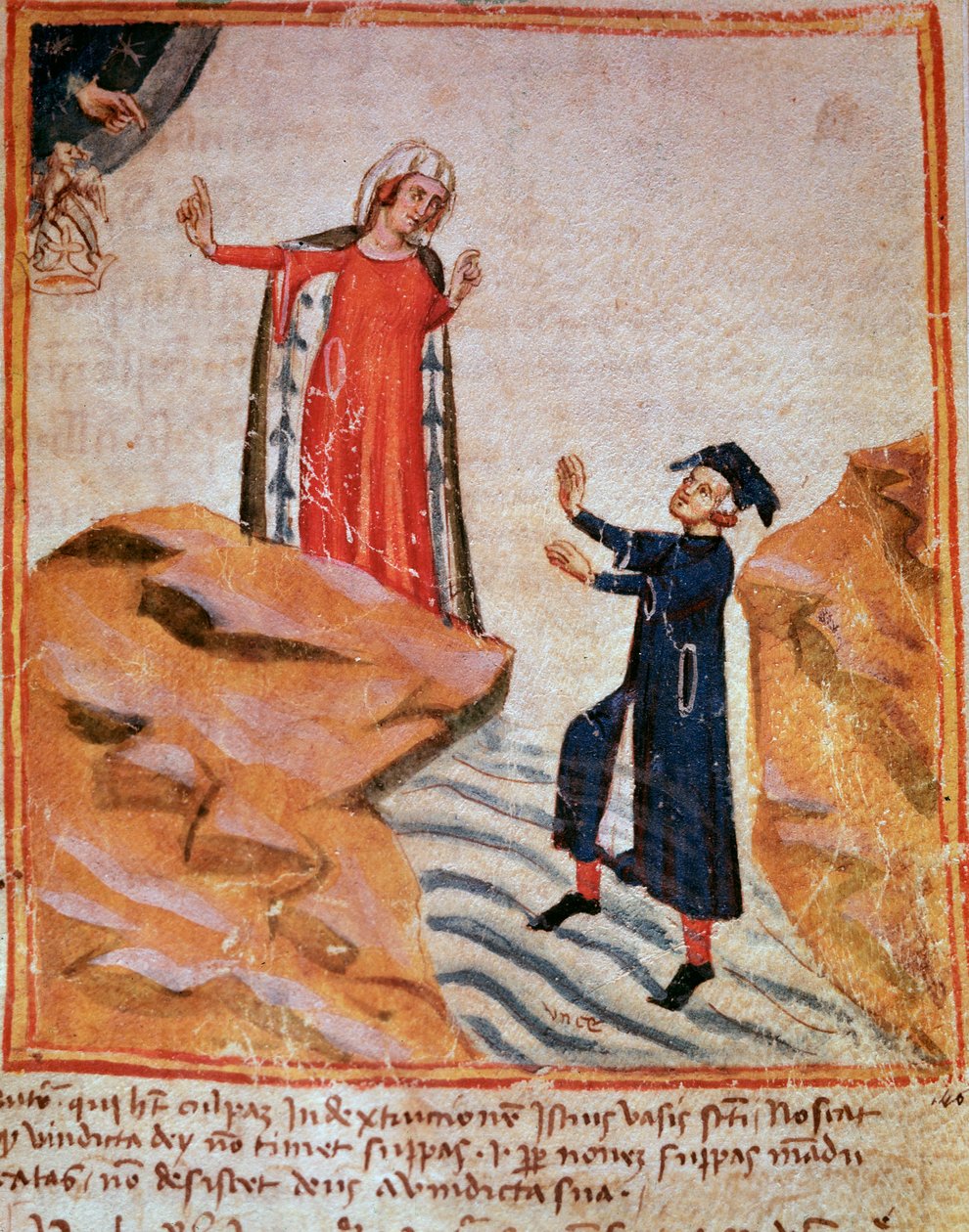 Dante trifft Mathelda am Ufer des Lethe (Gesang 28 des Fegefeuers, in der Göttlichen Komödie) von Italian School