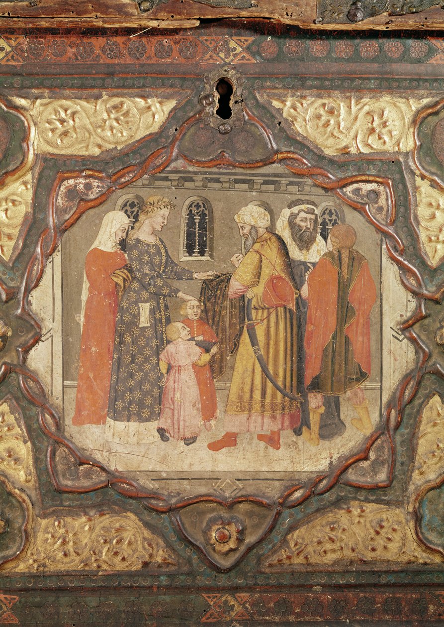 Detail eines Cassone, das die Geschichte von Saladin und Torello von Istrien zeigt, von Giovanni Boccaccio von Italian School